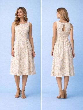 Nicole Miller Dress Linen Blend Shift Botanical Leaf Neutral Print Dress 6 NWT